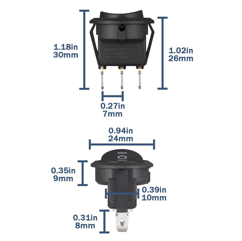 VEXUNGA Round Rocker Switch 3 Pin Circle Switches Square On Off On 6A 250V 10A 125V AC Black Round Toggle Switch Square for Car Marine Boat (Pack of 10pcs) - Image 2